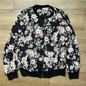 Como Vintage Sheer Bomber Jacket Floral Black & Pink Womans Size L Chic Feminine